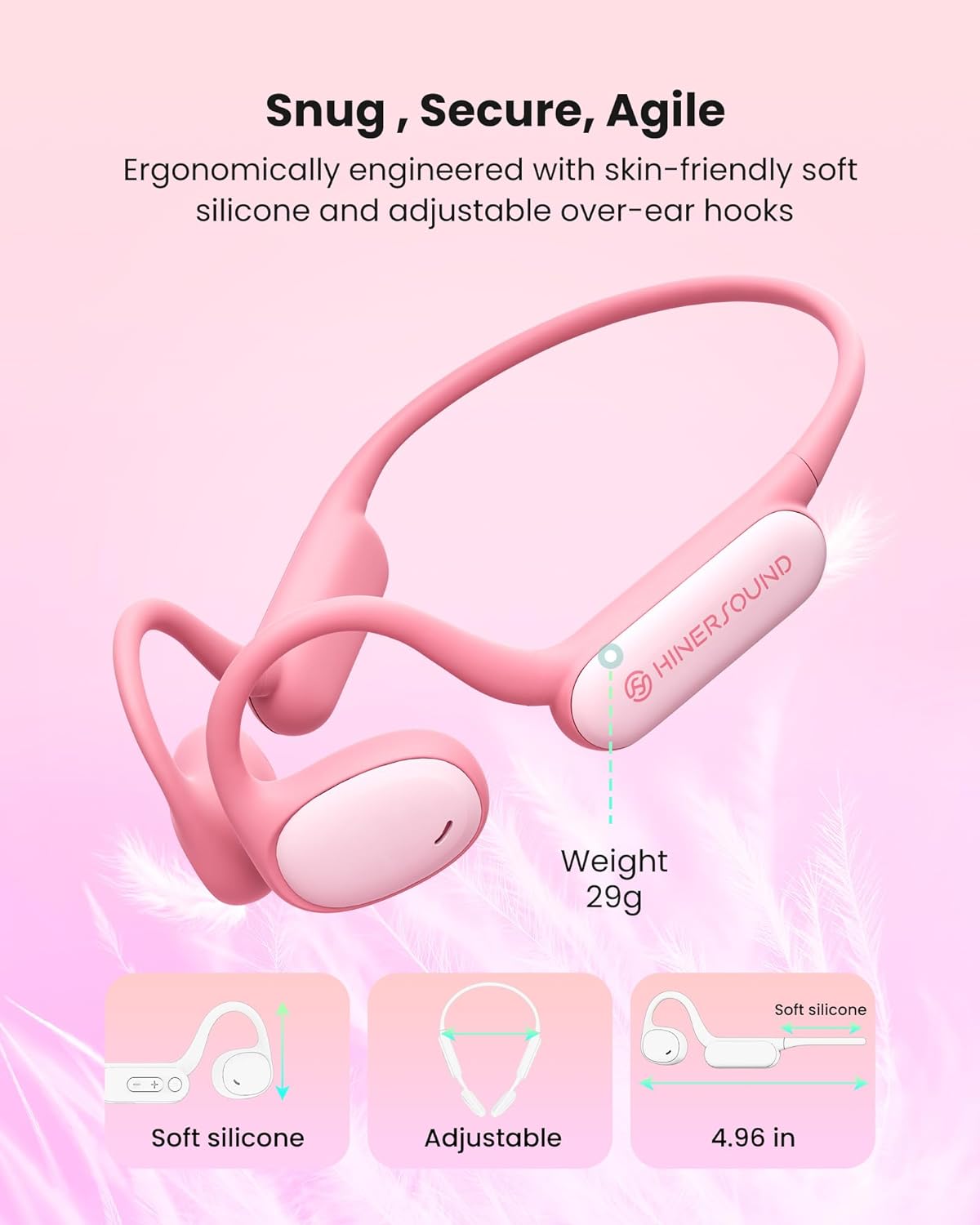 Hinersound Open Ear Wireless Air Conduction Kids Headphones - Pink